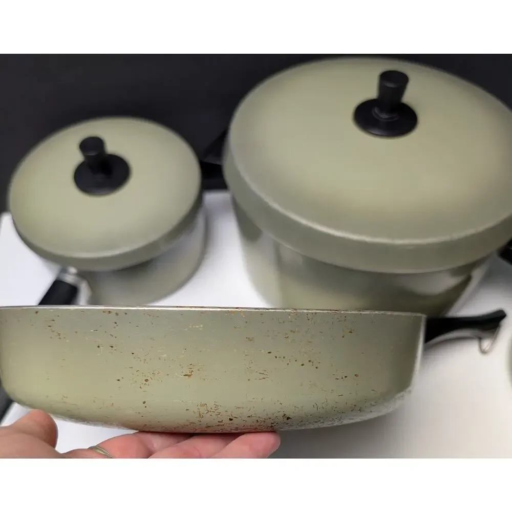 Vtg Kitchen Delight Avocado Cookware Aluminum 7pc Set USA Mid-Century 70s Retro